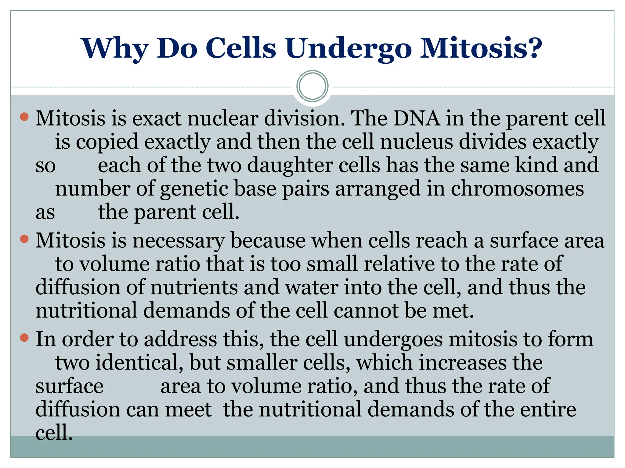 Why Do Cells Undergo Mitosis?
⚫ Mitosis is exact nuclear division. The DNA in the parent cell
is copied exactly and then the cell nucleus divides exactly
so each of the two daughter cells has the same kind and
number of genetic base pairs arranged in chromosomes
as the parent cell.
⚫ Mitosis is necessary because when cells reach a surface area
to volume ratio that is too small relative to the rate of
diffusion of nutrients and water into the cell, and thus the
nutritional demands of the cell cannot be met.
⚫ In order to address this, the cell undergoes mitosis to form
two identical, but smaller cells, which increases the
surface area to volume ratio, and thus the rate of
diffusion can meet the nutritional demands of the entire
cell.
 