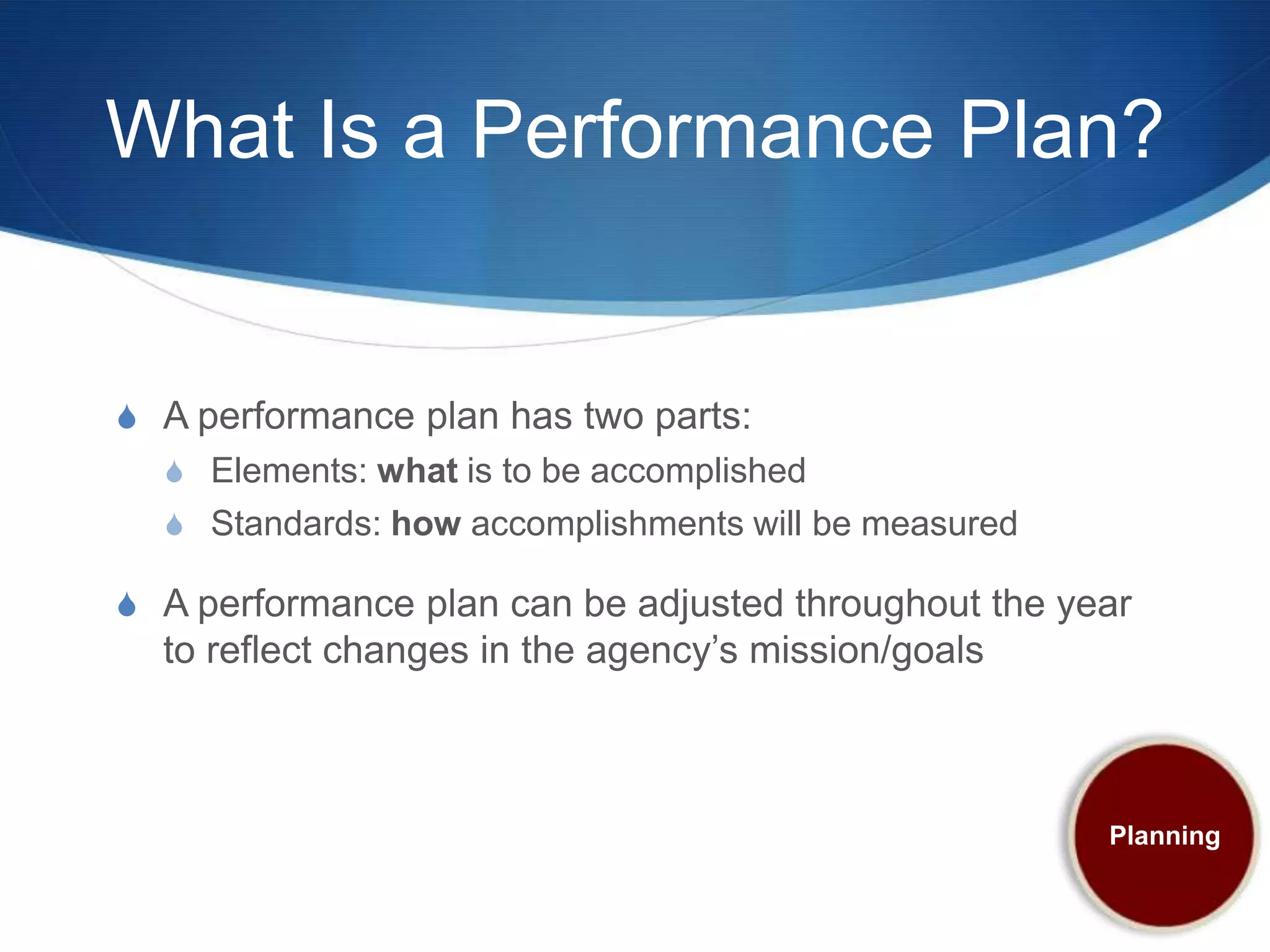 What Is a Performance Plan?


S A performance plan has two parts:
  S Elements: what is to be accomplished
  S Standards: how accomplishments will be measured

S A performance plan can be adjusted throughout the year
  to reflect changes in the agency’s mission/goals



                                                      Planning
 