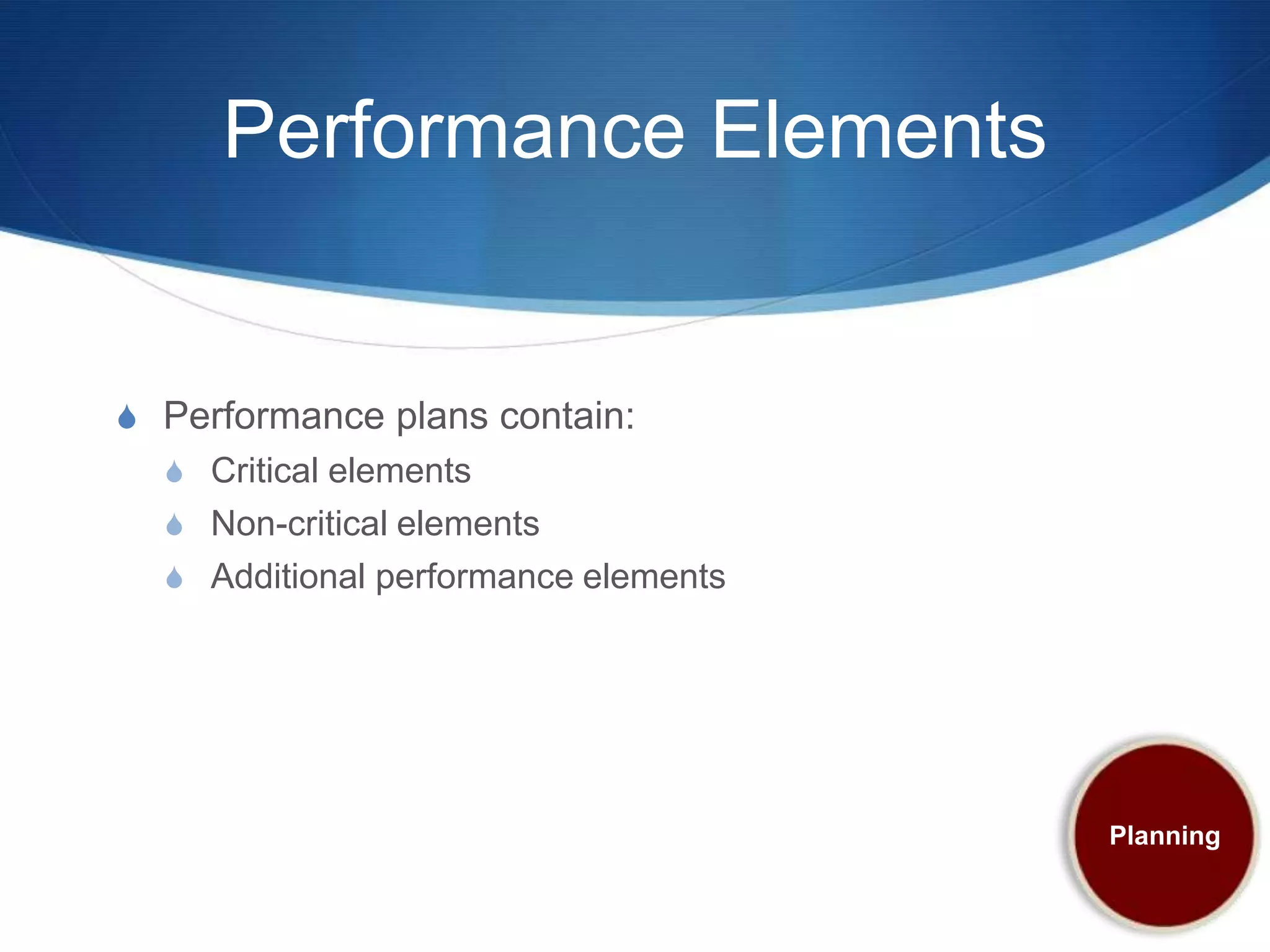 Performance Elements


S Performance plans contain:
  S Critical elements
  S Non-critical elements
  S Additional performance elements




                                      Planning
 