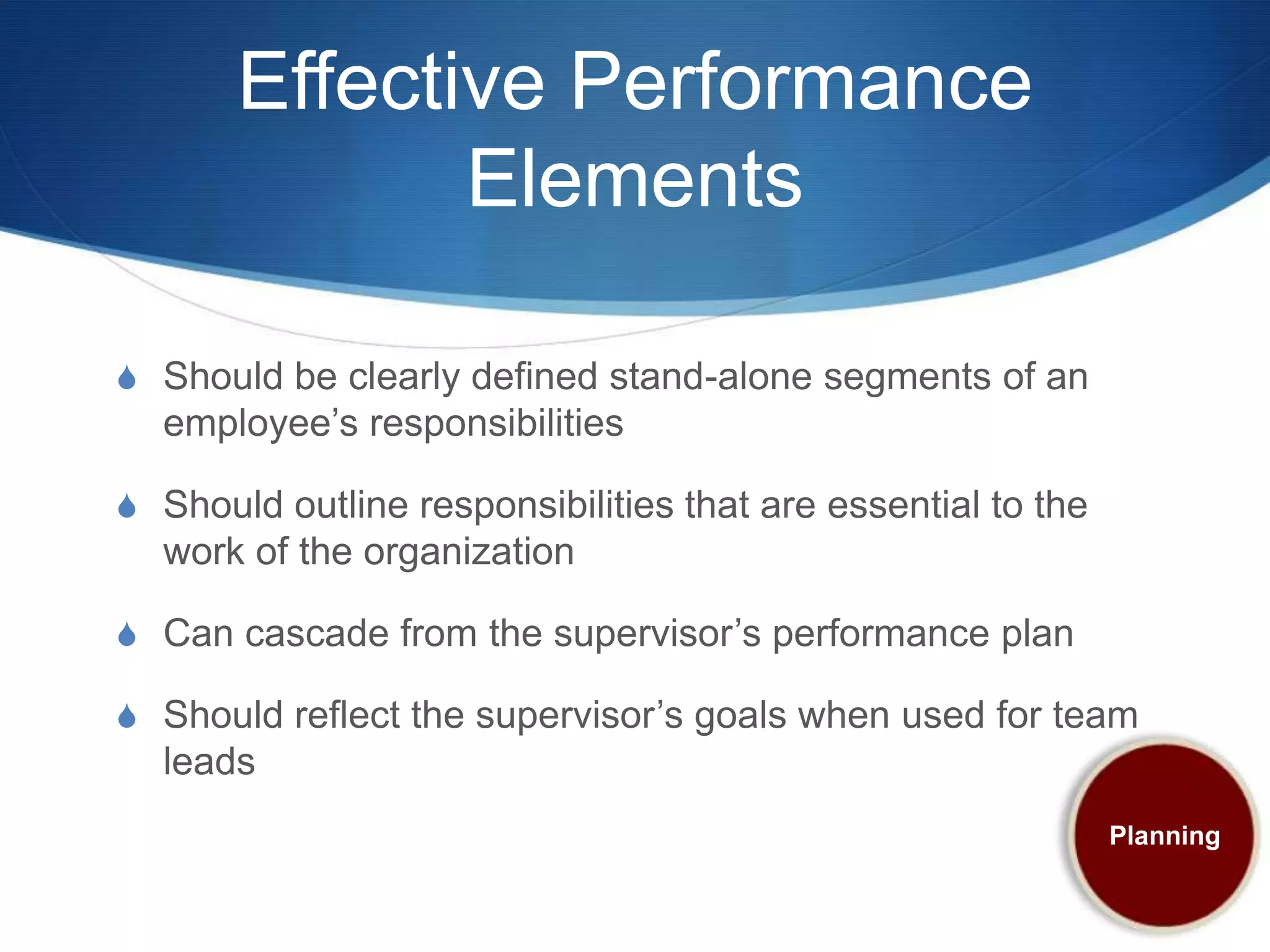 Effective Performance
              Elements

S Should be clearly defined stand-alone segments of an
  employee’s responsibilities

S Should outline responsibilities that are essential to the
  work of the organization

S Can cascade from the supervisor’s performance plan

S Should reflect the supervisor’s goals when used for team
  leads
                                                              Planning
 
