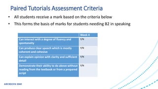 Paired Tutorials Assessment Criteria
• All students receive a mark based on the criteria below
• This forms the basis of marks for students needing B2 in speaking
Week 4
Can interact with a degree of fluency and
spontaneity
Y/N
Can produce clear speech which is mostly
coherent and cohesive
Y/N
Can explain opinion with clarity and sufficient
detail
Y/N
Demonstrate their ability to do above without
reading from the textbook or from a prepared
script
Y/N
 