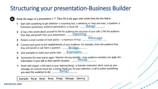 Structuring your presentation-Business Builder
Bang!
Opening
Message
Bridge
Examples
Recap
Bang!
 