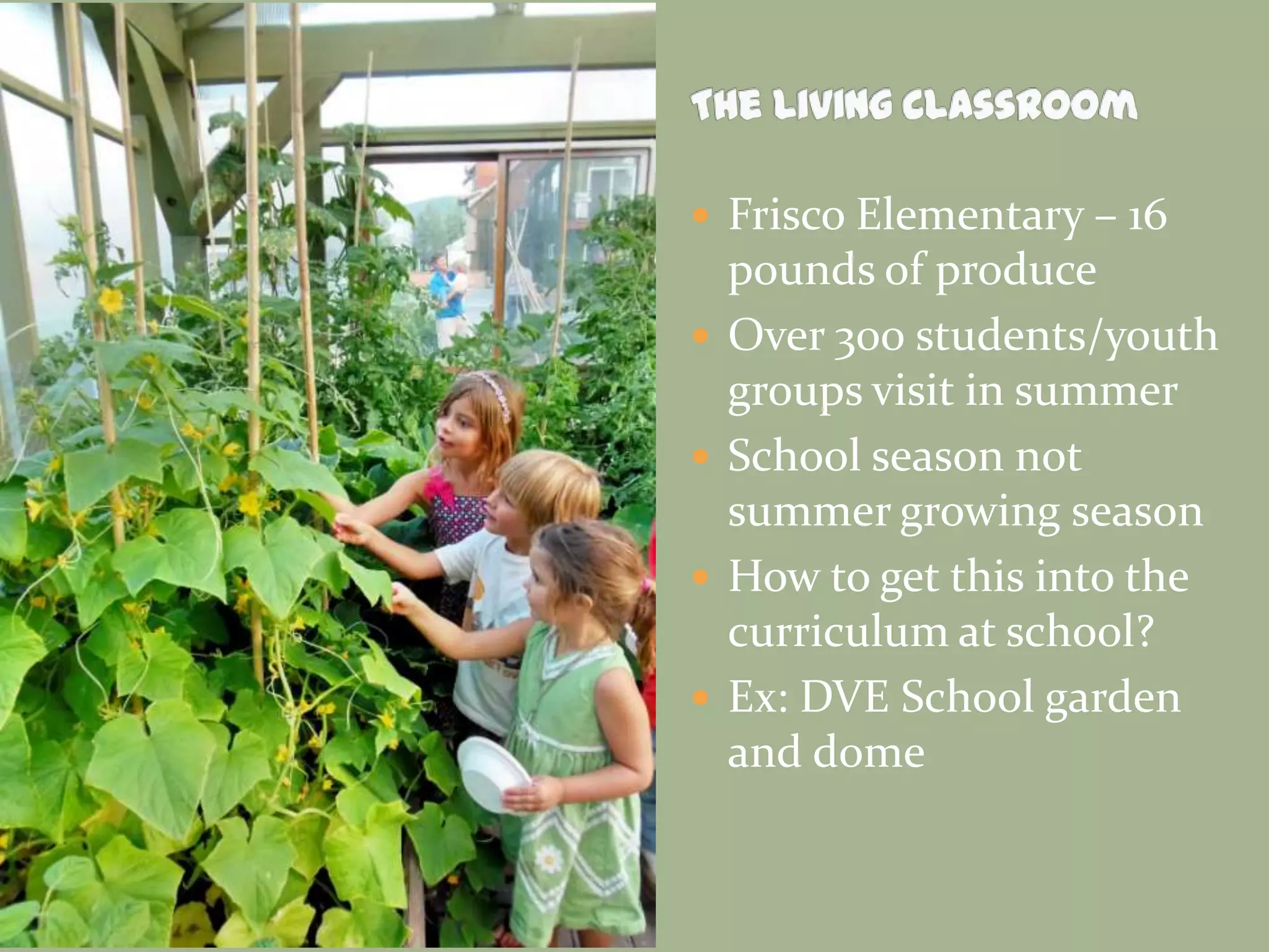  Frisco Elementary – 16
pounds of produce
 Over 300 students/youth
groups visit in summer
 School season not
summer growing season
 How to get this into the
curriculum at school?
 Ex: DVE School garden
and dome
 