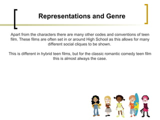 Representations and Genre Apart from the characters there are many other codes and conventions of teen film. These films are often set in or around High School as this allows for many different social cliques to be shown.  This is different in hybrid teen films, but for the classic romantic comedy teen film this is almost always the case. 