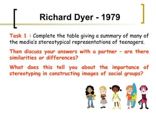 Richard Dyer - 1979 Task 1 :  Complete the table giving a summary of many of the media’s stereotypical representations of teenagers.  Then discuss your answers with a partner – are there similarities or differences?  What does this tell you about the importance of stereotyping in constructing images of social groups? 