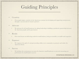 Guiding Principles
Creativity
   Our people inspire creativity in the American economy by developing and supporting entrepreneurs
   through a vast network of resource partners.

Advocate
   We advocate for all small businesses by taking leadership in building a productive partnership between
   the American people and its government.

Results
   Our team focuses on delivering results for small business, being accountable, accessible and responsive.

Empower
   We empower the spirit of entrepreneurship within every community to promote and realize the
   American dream.

Success
   We facilitate the environment necessary for America’s small businesses to succeed, measuring our
   performance by small business success.
                                                                               (US Small Business Administration, n.d.)
 