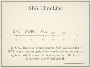SBA TimeLine



   RFC       SWPC        SBA      SBIC    EOL


     1932       1942      1953    1958    1964               Now




 The Small Business Administration (SBA) was founded in
1953. its missions and principles were based on predecessor
  agencies, which were created as responses to the Great
               Depression and World War II.
                                            (US Small Business Administration, n.d.)
 