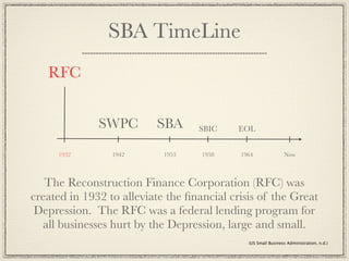 SBA TimeLine
   RFC


              SWPC        SBA      SBIC     EOL


     1932        1942       1953    1958    1964               Now



   The Reconstruction Finance Corporation (RFC) was
created in 1932 to alleviate the ﬁnancial crisis of the Great
 Depression. The RFC was a federal lending program for
  all businesses hurt by the Depression, large and small.
                                              (US Small Business Administration, n.d.)
 