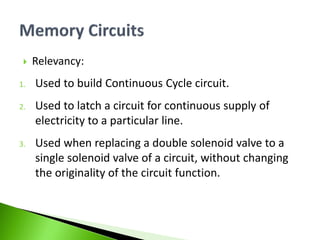  Relevancy:
1. Used to build Continuous Cycle circuit.
2. Used to latch a circuit for continuous supply of
electricity to a particular line.
3. Used when replacing a double solenoid valve to a
single solenoid valve of a circuit, without changing
the originality of the circuit function.
 