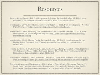 Resources
Burgess Wever/Annuity FYI. (2008). Annuity deﬁnition. Retrieved October 15, 2008, from
    Annuity FYI: http://www.annuityfyi.com/ab1a_what_is_an_annuity.html

Investopedia. (2008). Bond Basics. Retrieved October 15, 2008, from Investopedia - A Forbes
    Digital Company: http://www.investopedia.com/university/bonds/

Investopedia. (2008). Investing 101. (Investopedia ULC) Retrieved October 14, 2008, from
    Investopedia - A Forbes Digital Company: http://www.investopedia.com/university/
    beginner/default.asp

Investopedia. (2008). Mutual Funds. Retrieved October 15, 2008, from Investopedia - A
    Forbes Digital Company: http://www.investopedia.com/university/mutualfunds/
    default.asp

Nieters, E., Olson, D. W., Carreiro, R., Lott, C., Kamlet, A., Suranyi, E., et al. (2005, September
    30). Retirement Plans: 401(k). Retrieved October 15, 2008, from The Investment FAQ:
    http://invest-faq.com/cbc/ret-plan-401k.html

Principles of Investing. (2008). Retrieved October 14, 2008, from InvestorGuide.com: http://
    www.investorguide.com/igu-article-418-investing-basics-principles-of-investing.html

Thornburg Investment Management. (2008). What is Diversiﬁcation? Retrieved October 15,
   2008, from Thornburg Investment Management - Strategies for Building Real Wealth:
   http://www.thornburginvestments.com/core_strategy/diversiﬁcation1.asp#why
 