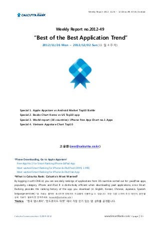 Weekly Report 2012. 11.26. ~ 12.02(no.49) iOS & Android




                                     Weekly Report no.2012-49

                 “Best of the Best Application Trend”
                         2012/11/26 Mon ~ 2012/12/02 Sun(11 월 4 주차)




    Special 1. Apple Appstore vs Android Market Top10 Battle
    Special 2. Books Chart Korea vs US Top10 app
    Special 3. World report (38 countries): iPhone free App Chart no.1 Apps
    Special 4. Vietnam Appstore Chart Top10




                                        고윤환(ceo@calcutta.co.kr)



*Please Downloading, Go to Apple Appstore!
  Free App No.1 for Smart Ranking iPhone &iPad App
  Most wanted Smart Ranking for iPhone & iPad Paid (0.99$, 1.99$)
  Most wanted Smart Ranking for iPhone & iPad free App
*What is Calcutta Rank: Calcutta’s Most Wanted?
By logging in with ONE id, you can see daily rankings of applications from 38 countries sorted out for: paid/free apps,
popularity, category, iPhone and iPad. It is distinctively efficient when downloading paid applications, since Smart
Ranking provides the ranking history of the app you download (in English, Korean, Chinese, Japanese, Spanish
language services) *본 자료는 출처만 표시하면 언제라도 자유롭게 이용하실 수 있습니다. 또한 다른 나라의 주간 데이터, 분야별
상세 자료가 필요하면 연락주세요 (cowork@calcutta.co.kr )
*Notice.   “한국 앱스토어”, “안드로이드 마켓” 에서 가장 인기 있는 앱 순위를 공개합니다.




Calcutta Communication ©2009-2012                                                 www.SmartRank.co.kr <page | 1>
 