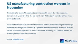 The Institute for Supply Management said in its monthly survey the index measuring
domestic factory activity fell to 48.1 last month from 48.3 in October amid weakness in new
orders and exports.
It was the fourth consecutive month of contraction for the US manufacturing sector, though
it remains in a stronger position than in September when the index was at its worst level in a
decade. Economists expected it to hit 49.2 last month, according to a Thomson Reuters poll.
A reading below 50 indicates contraction.
Source: Financial Times.
US manufacturing contraction worsens in
November
 