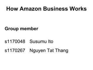 How Amazon Business Works


Group member

s1170048 Susumu Ito
s1170267 Nguyen Tat Thang
 