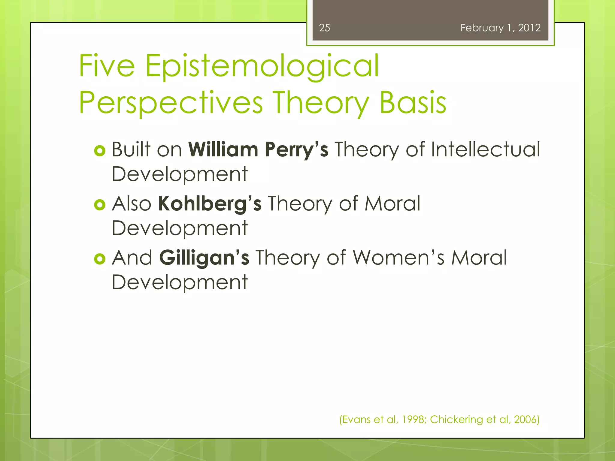 25                            February 1, 2012



Five Epistemological
Perspectives Theory Basis
  Builton William Perry’s Theory of Intellectual
   Development
  Also Kohlberg’s Theory of Moral
   Development
  And Gilligan’s Theory of Women‘s Moral
   Development




                              (Evans et al, 1998; Chickering et al, 2006)
 