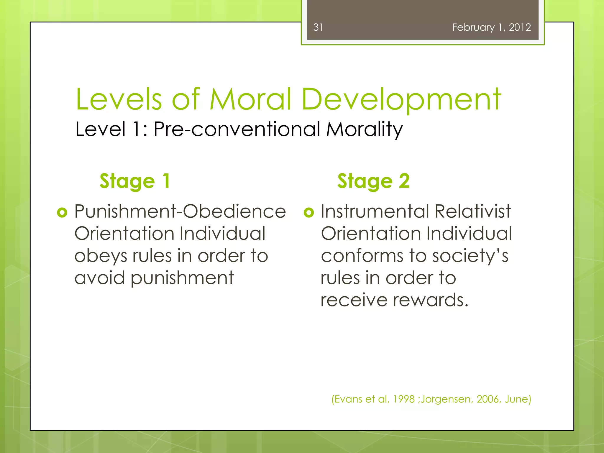 31                            February 1, 2012




    Levels of Moral Development
    Level 1: Pre-conventional Morality

      Stage 1                       Stage 2
   Punishment-Obedience         Instrumental Relativist
    Orientation Individual        Orientation Individual
    obeys rules in order to       conforms to society‘s
    avoid punishment              rules in order to
                                  receive rewards.




                                   (Evans et al, 1998 ;Jorgensen, 2006, June)
 