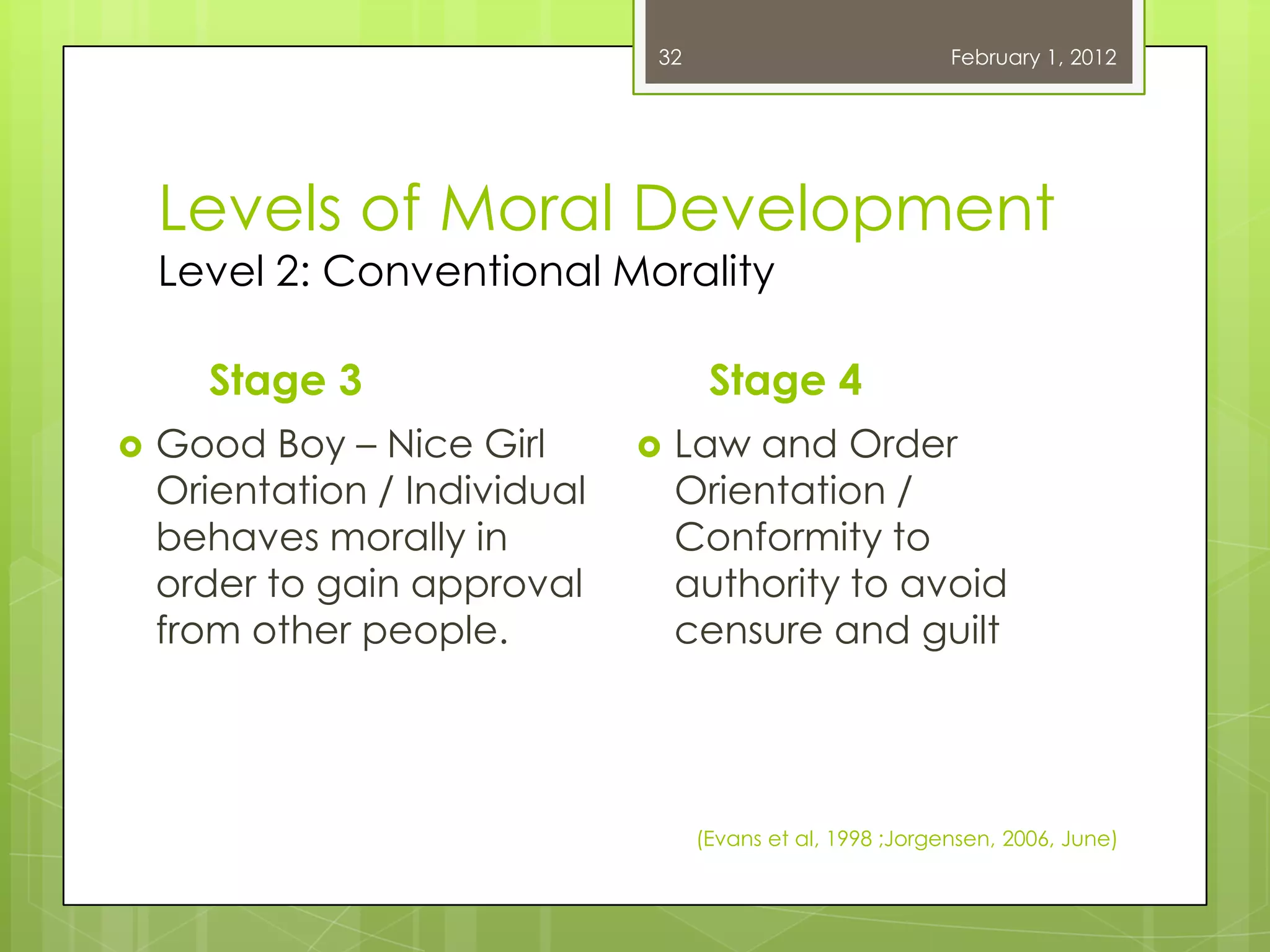 32                            February 1, 2012




    Levels of Moral Development
    Level 2: Conventional Morality

      Stage 3                        Stage 4
   Good Boy – Nice Girl          Law and Order
    Orientation / Individual       Orientation /
    behaves morally in             Conformity to
    order to gain approval         authority to avoid
    from other people.             censure and guilt




                                    (Evans et al, 1998 ;Jorgensen, 2006, June)
 