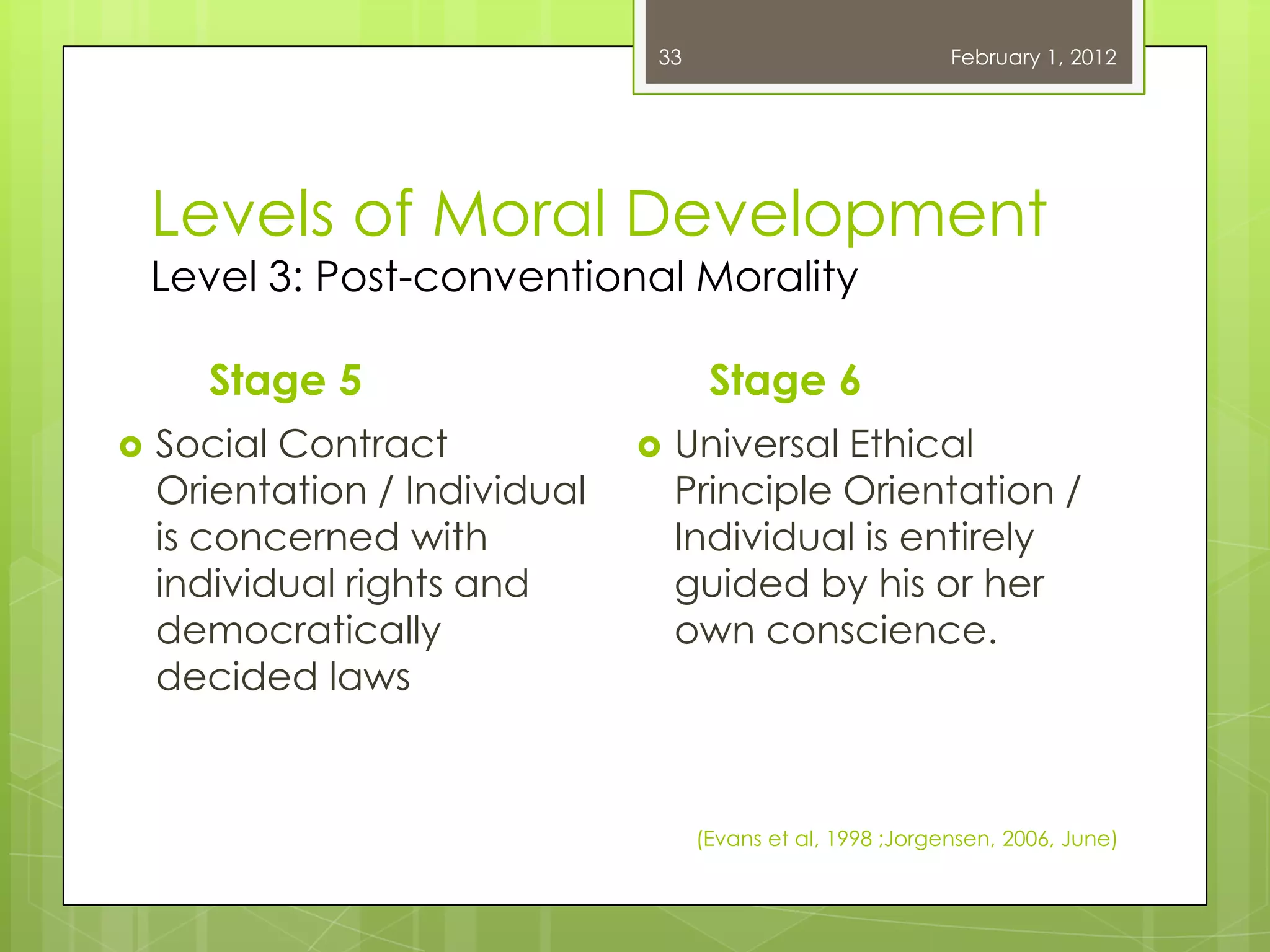 33                            February 1, 2012




    Levels of Moral Development
    Level 3: Post-conventional Morality

      Stage 5                        Stage 6
   Social Contract               Universal Ethical
    Orientation / Individual       Principle Orientation /
    is concerned with              Individual is entirely
    individual rights and          guided by his or her
    democratically                 own conscience.
    decided laws



                                    (Evans et al, 1998 ;Jorgensen, 2006, June)
 
