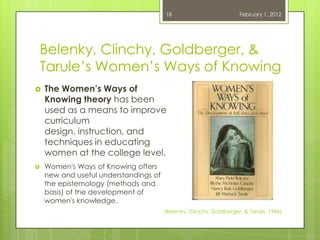 18                           February 1, 2012




Belenky, Clinchy, Goldberger, &
Tarule‘s Women‘s Ways of Knowing
   The Women’s Ways of
    Knowing theory has been
    used as a means to improve
    curriculum
    design, instruction, and
    techniques in educating
    women at the college level.
   Women's Ways of Knowing offers
    new and useful understandings of
    the epistemology (methods and
    basis) of the development of
    women's knowledge.
                                       (Belenky, Clinchy, Goldberger, & Tarule, 1986)
 