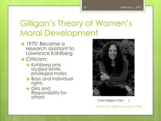 35                      February 1, 2012




Gilligan‘s Theory of Women‘s
Moral Development
   1970: Became a
    research assistant to
    Lawrence Kohlberg
   Criticism:
       Kohlberg only
        studied white,
        privileged males
       Boys and individual
        rights
       Girls and
        Responsibility for
        others
                                    Carol Gilligan (1936 -   )

                                   (Kretchmar, 2008; Evans et al, 1998)
 