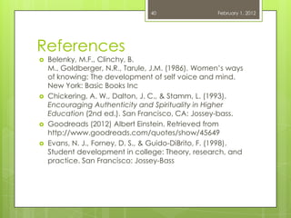 40                 February 1, 2012




References
   Belenky, M.F., Clinchy, B.
    M., Goldberger, N.R., Tarule, J.M. (1986). Women‘s ways
    of knowing: The development of self voice and mind.
    New York: Basic Books Inc
   Chickering, A. W., Dalton, J. C., & Stamm, L. (1993).
    Encouraging Authenticity and Spirituality in Higher
    Education (2nd ed.). San Francisco, CA: Jossey-bass.
   Goodreads (2012) Albert Einstein. Retrieved from
    http://www.goodreads.com/quotes/show/45649
   Evans, N. J., Forney, D. S., & Guido-DiBrito, F. (1998).
    Student development in college: Theory, research, and
    practice. San Francisco: Jossey-Bass
 
