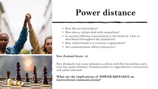 Power distance
• How flat are hierarchies?
• How does a culture deal with inequalities?
• Is societal influence concentrated in the hands of a few or
distributed throughout the population?
• How authoritarian is a country’s organization?
• Are communication efforts interactive?
New Zealand Score: 12
New Zealand’s low score indicates a culture with flat hierarchies and a
very low power distance. Communication in organisations is interactive
and rather informal.
What are the implications of POWER DISTANCE on
intercultural communications?
 
