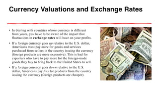 Currency Valuations and Exchange Rates
• In dealing with countries whose currency is different
from yours, you have to be aware of the impact that
fluctuations in exchange rates will have on your profits.
• If a foreign currency goes up relative to the U.S. dollar,
Americans must pay more for goods and services
purchased from sellers in the country issuing the currency
(foreign products are more expensive). This is bad for
exporters who have to pay more for the foreign-made
goods they buy to bring back to the United States to sell.
• If a foreign currency goes down relative to the U.S.
dollar, Americans pay less for products from the country
issuing the currency (foreign products are cheaper).
 