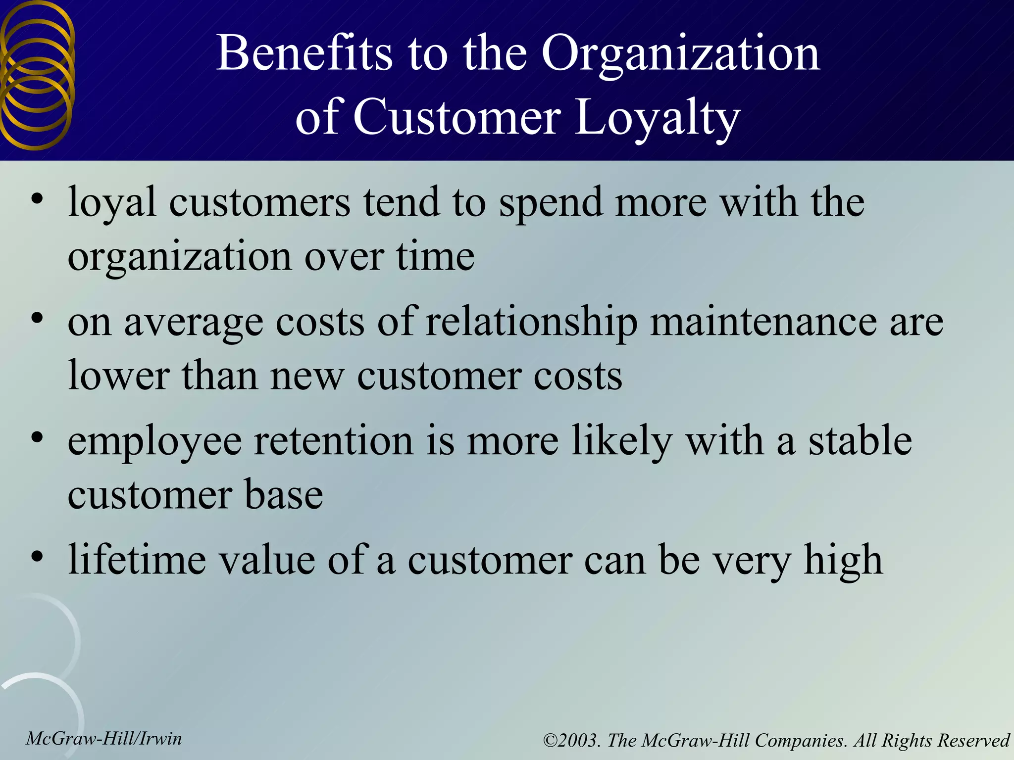 Benefits to the Organization
                       of Customer Loyalty
• loyal customers tend to spend more with the
  organization over time
• on average costs of relationship maintenance are
  lower than new customer costs
• employee retention is more likely with a stable
  customer base
• lifetime value of a customer can be very high


McGraw-Hill/Irwin                  ©2003. The McGraw-Hill Companies. All Rights Reserved
 