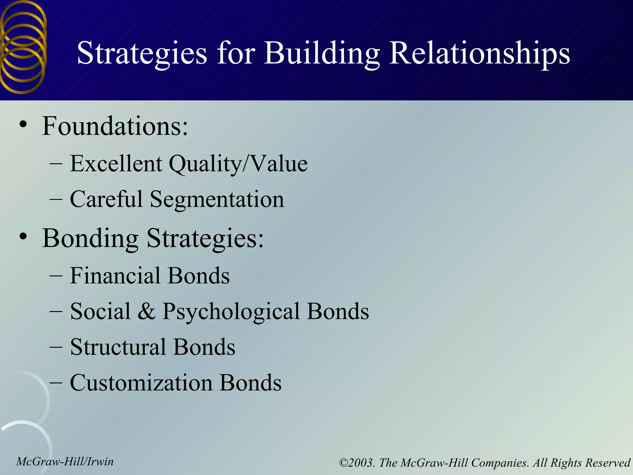 Strategies for Building Relationships

• Foundations:
     – Excellent Quality/Value
     – Careful Segmentation
• Bonding Strategies:
     –   Financial Bonds
     –   Social & Psychological Bonds
     –   Structural Bonds
     –   Customization Bonds


McGraw-Hill/Irwin                 ©2003. The McGraw-Hill Companies. All Rights Reserved
 