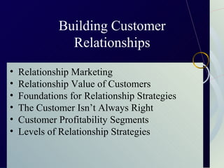 Building Customer
                      Relationships
  •   Relationship Marketing
  •   Relationship Value of Customers
  •   Foundations for Relationship Strategies
  •   The Customer Isn’t Always Right
  •   Customer Profitability Segments
  •   Levels of Relationship Strategies

McGraw-Hill/Irwin              ©2003. The McGraw-Hill Companies. All Rights Reserved
 