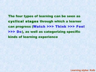 The four types of learning can be seen as
cyclical stages through which a learner
can progress (Watch >>> Think >>> Feel
>>> Do), as well as categorizing specific
kinds of learning experience




                                   Learning styles: Kolb
 