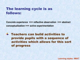 The learning cycle is as
follows:

Concrete experience >>> reflective observation >>> abstract
conceptualization >>> active experimentation


    Teachers can build activities to
    provide pupils with a sequence of
    activities which allows for this sort
    of progress



                                               Learning styles: 4MAT
 