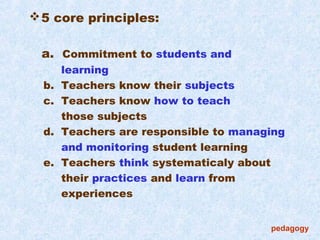  5 core principles:

 a. Commitment to students and
       learning
  b.   Teachers know their subjects
  c.   Teachers know how to teach
       those subjects
  d.   Teachers are responsible to managing
       and monitoring student learning
  e.   Teachers think systematicaly about
       their practices and learn from
       experiences


                                        pedagogy
 