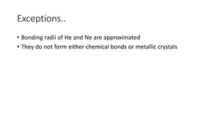 Exceptions..
• Bonding radii of He and Ne are approximated
• They do not form either chemical bonds or metallic crystals
 