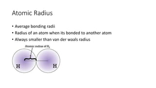 Atomic Radius
• Average bonding radii
• Radius of an atom when its bonded to another atom
• Always smaller than van der waals radius
 