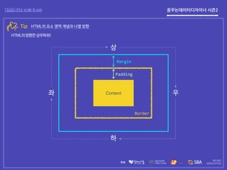 꿈꾸는데이터디자이너 시즌2[실습] d3.js scale & axis
Tip HTML의 요소 영역 개념과 나열 방향
상
HTML의방향은상우하좌!
Border
Content
Padding
Margin
하
좌 우
 