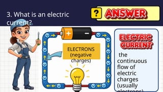 3. What is an electric
current?
the
continuous
flow of
electric
charges
(usually
ELECTRONS
(negative
charges)
 