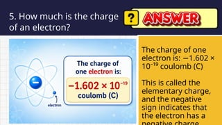 5. How much is the charge
of an electron?
The charge of one
electron is: 1.602 ×
−
10⁻¹⁹ coulomb (C)
This is called the
elementary charge,
and the negative
sign indicates that
the electron has a
 