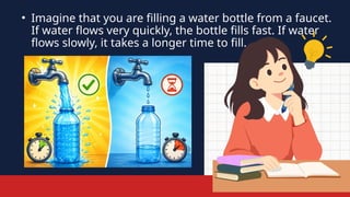 • Imagine that you are filling a water bottle from a faucet.
If water flows very quickly, the bottle fills fast. If water
flows slowly, it takes a longer time to fill.
 
