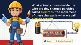 What actually moves inside the
wire are tiny charged particles
called electrons. The movement
of these charges is what we call
electric current.
 