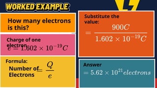 Charge of one
electron
Substitute the
value:
Formula:
Answer
Number of
Electrons
How many electrons
is this?
 
