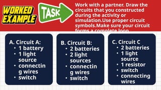 Work with a partner. Draw the
circuits that you constructed
during the activity or
simulation.Use proper circuit
symbols.Make sure your circuit
forms a complete loop.
A. Circuit A:
• 1 battery
• 1 light
source
• connectin
g wires
• switch
B. Circuit B:
• 2 batteries
• 2 light
sources
• connectin
g wires
• switch
C. Circuit C
• 2 batteries
• 1 light
source
• 1 resistor
• switch
• connecting
wires
 