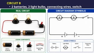CIRCUIT B
• 2 batteries, 2 light bulbs, connecting wires, switch
 