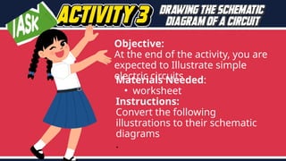 Objective:
At the end of the activity, you are
expected to Illustrate simple
electric circuits
Materials Needed:
• worksheet
Instructions:
Convert the following
illustrations to their schematic
diagrams
.
 