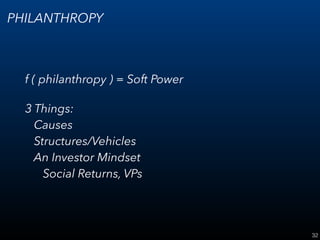 32
PHILANTHROPY
f ( philanthropy ) = Soft Power
3 Things: 
Causes 
Structures/Vehicles 
An Investor Mindset 
Social Returns, VPs
 