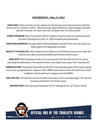 NOTEWORTHY – May 17, 2014
CORE FOUR: There currently are four players on the Hounds roster that have been with the
team since its inception in 2012 – Matt Danowski, Adam Ghitelman, Ryan Flanagan and Brett
Schmidt. However, the team returned 16 players from the 2013 season.
GOING STREAKING: Ryan Young enters Week 4 riding a 21-game streak of recording at least
one point, dating back to Aug. 11, 2012 (including the postseason).
MILESTONE MOMENTS: Hounds rookie Thomas DeNapoli scored his first-ever MLL goal in his
debut against the Bayhawks last week.
WHO LET THE DOGS OUT: With Loyola’s loss to Albany in the NCAA tournament last week, the
Hounds were able to activate draftees Justin Ward and Pat Laconi.
DINO-MYTE: Matt Danowski needs just six more goals to hit the 150 mark for his career
(including the postseason). The attackman also is just eight assists away from reaching 100.
POWER OUTAGE: The Hounds last week scored their first powerplay goals of the season, going
2-6 on man-up opportunities. However, their 20PP% ranks ahead of only the Rattlers at 12.5%.
In addition, the Hounds have a league-worst 44.44PK%.
TWO FOR YOU: The Cannons are the only MLL team yet to score a two-point goal. The Hounds
last week tallied their first of the season.
BIRTHDAY BOY: Ryan Young will celebrate his 25th
birthday on the 22nd
of this month.
 