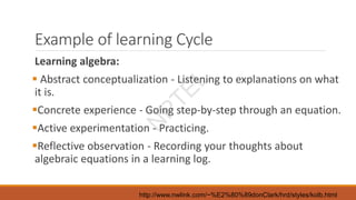 Example of learning Cycle
Learning algebra:
 Abstract conceptualization - Listening to explanations on what
it is.
Concrete experience - Going step-by-step through an equation.
Active experimentation - Practicing.
Reflective observation - Recording your thoughts about
algebraic equations in a learning log.
http://www.nwlink.com/~%E2%80%89donClark/hrd/styles/kolb.html
N
P
T
E
L
 