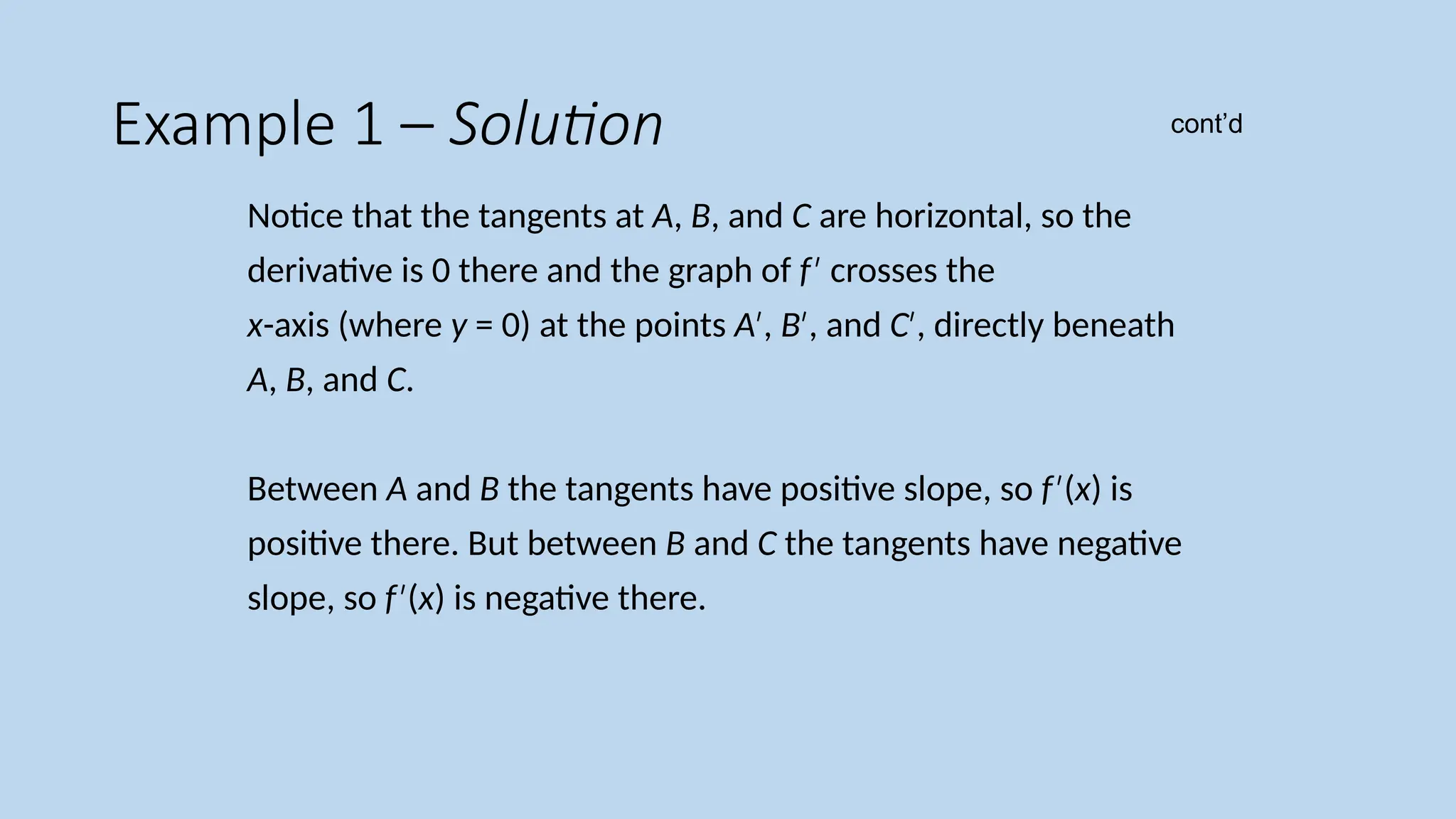 Example 1 – Solution Notice that the tangents at A, B, and C are horizontal, so the derivative is 0 there and the graph of f crosses the ′ x-axis (where y = 0) at the points A , ′ B , and ′ C , directly beneath ′ A, B, and C. Between A and B the tangents have positive slope, so f ( ′ x) is positive there. But between B and C the tangents have negative slope, so f ( ′ x) is negative there. cont’d 