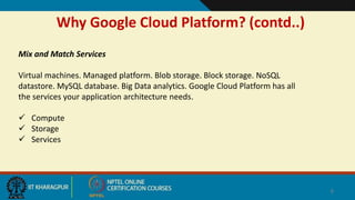 Why Google Cloud Platform? (contd..)
6
Mix and Match Services
Virtual machines. Managed platform. Blob storage. Block storage. NoSQL
datastore. MySQL database. Big Data analytics. Google Cloud Platform has all
the services your application architecture needs.
 Compute
 Storage
 Services
 