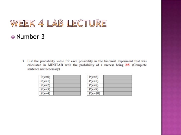 week 4 lab math 221 Math 221 statistics for decision making week 4 lab name: _____ math221 statistical concepts: probability binomial probability distributions calculating binomial probabilities ø calculate binomial distributions for 10 trials and three different probabilities of success 1. week 4 lab math 221 Math 221 statistics for decision making week 4 lab name: _____ math221 statistical concepts: probability binomial probability distributions calculating binomial probabilities ø calculate binomial distributions for 10 trials and three different probabilities of success 1.