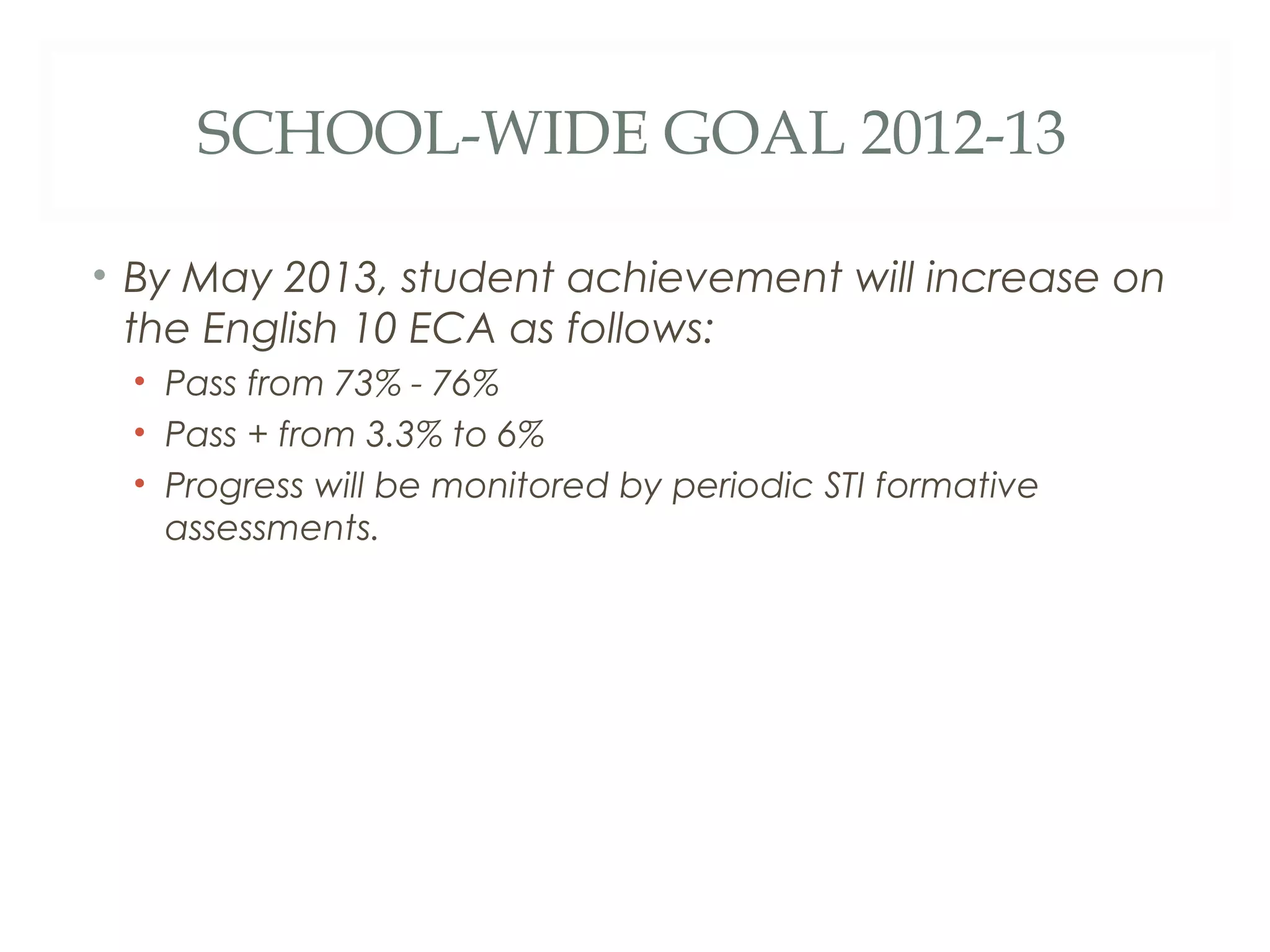 SCHOOL-WIDE GOAL 2012-13

• By May 2013, student achievement will increase on
  the English 10 ECA as follows:
 • Pass from 73% - 76%
 • Pass + from 3.3% to 6%
 • Progress will be monitored by periodic STI formative
   assessments.
 